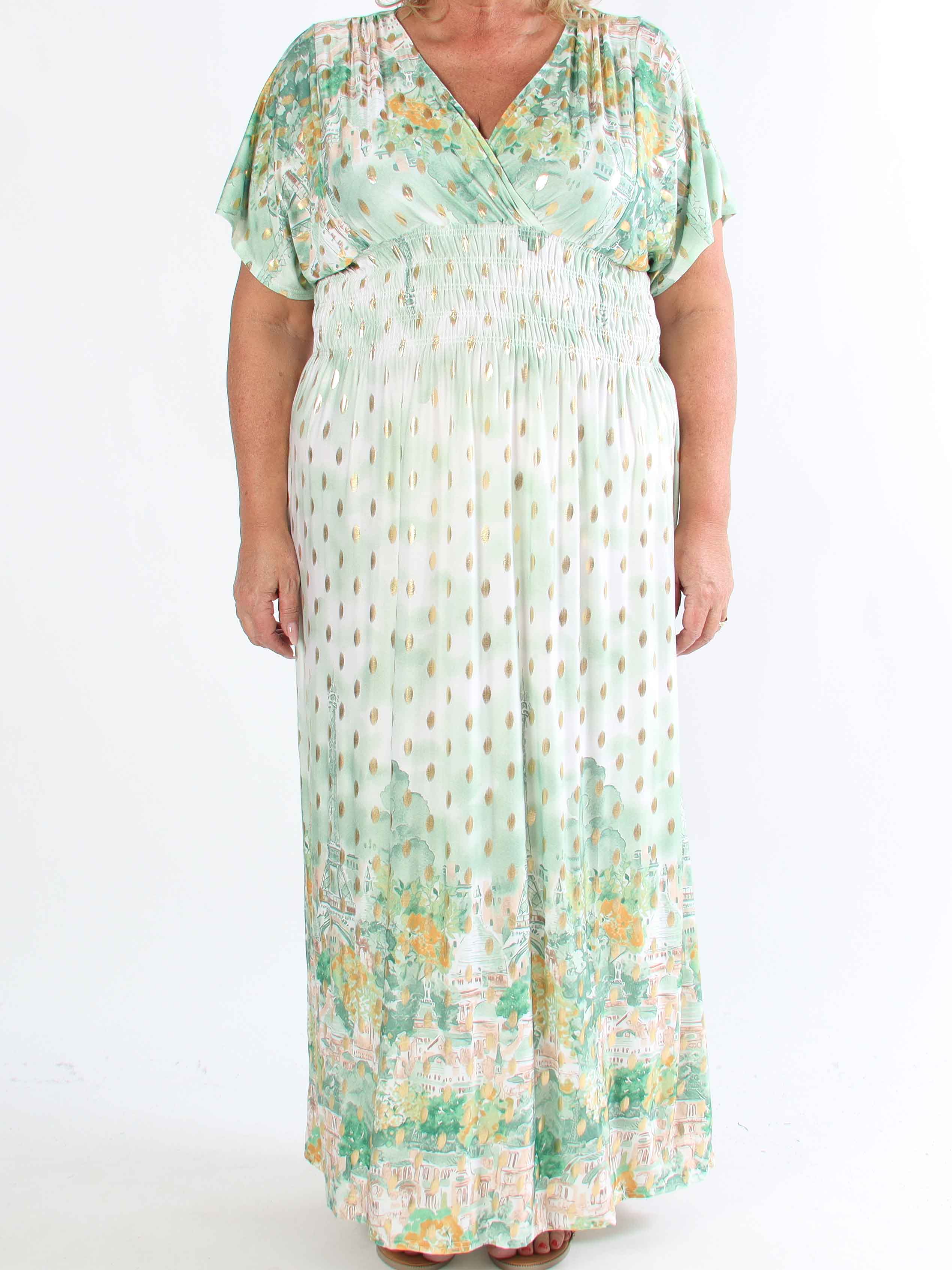 Pams Paris - Lang elastisk plus size kjole med guld dutter